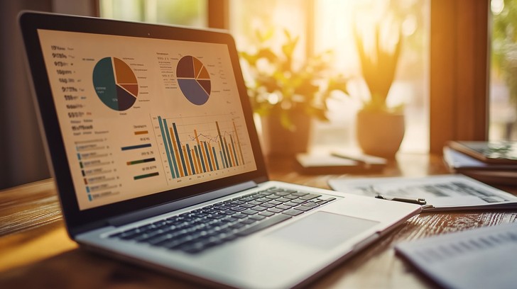 Financial charts and graphs displayed on desk